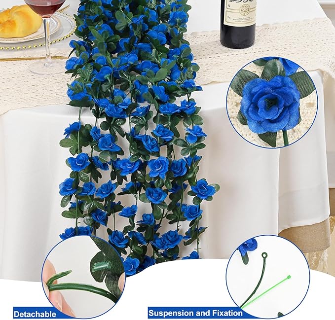 MARTINE MALL Flower Garland Rose Vines, 8 Strands 66Ft Flowers Vines for Bedroom, Rose Flower Garland Decoration, Sapphire Rose Floral Garland for Room Table Birthday Wedding Party Garden Wall Decor