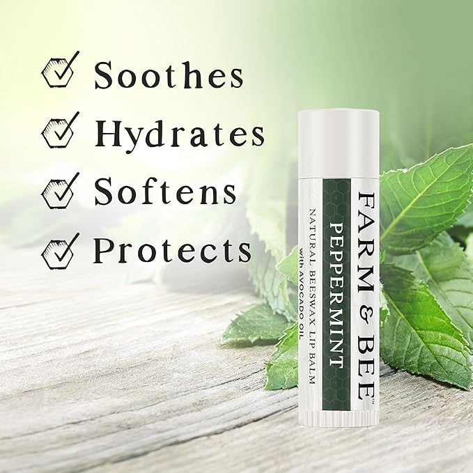 Natural Lip Balm - Organic & Natural Ingredients - Beeswax Based Moisturizing Lip Care Chapstick for Chapped Lips - Great Gift Idea - Farm & Bee - 0.15oz (Pack of 4 - Peppermint)