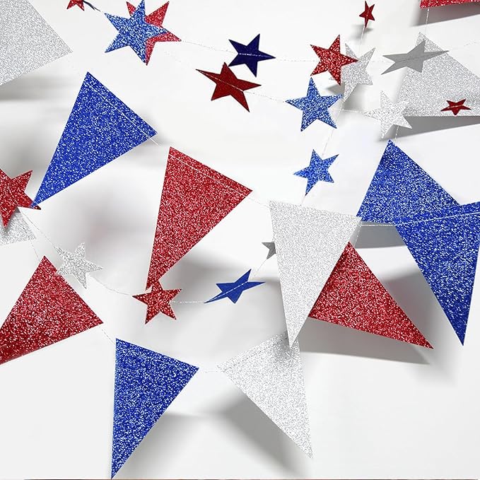 Decor365 4th of July Patriotic Decorations Set Glitter Star Streamers Pennant Bunting Banner Red White Blue Garland for Independence Day Veterans Labor Day Decor Holiday Memorial Day Party Supplies