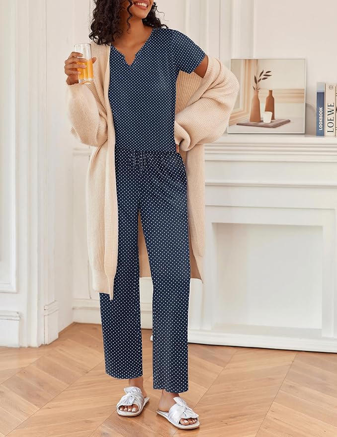 Ekouaer 2 Piece Womens Pajamas V Neck Short Sleeve Top and Long Pants Pjs Print Lounge Set Sleepwear