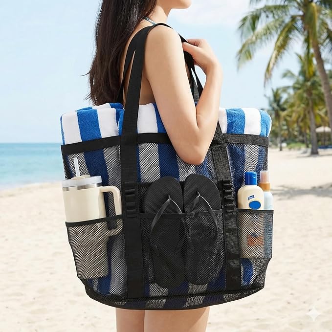 Mesh Beach Bags for Family - Women Beach Tote Bag for Toys, Towels, Travel Vacation Cruise Essentials