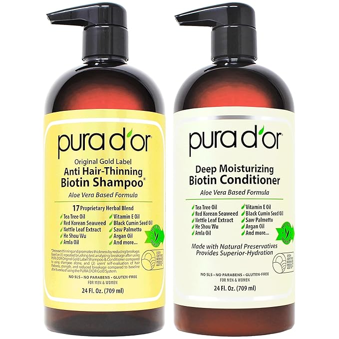 PURA D'OR Anti-Thinning Biotin Shampoo & Deep Moisturizing Conditioner Original Gold Label Set (24oz x2) Natural Earthy Scent, CLINICALLY TESTED Effective Results, Hair Thickening Product, Women & Men