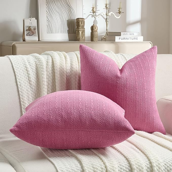 FUTEI Hot Pink Chenille Throw Pillow Covers 20x20 Inch Set of 2,Soft Striped & Diamond Textured Cushion Cases,Modern Home Decor for Couch Living Room