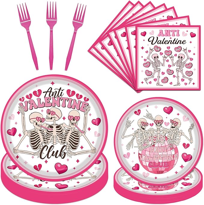 Rakuto Valentines Day Plates and Napkins Party Decorations, 96PCS Anti Valentine's Day Paper Plates and Napkins Decor, Galentines Anti Valentine Club Themed Forks Decoration for Home Wedding