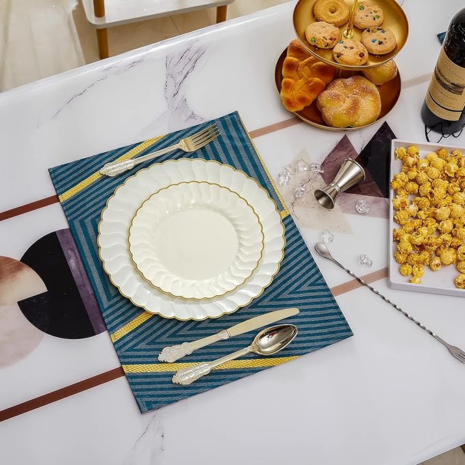 Lullaby 60PCS Ivory Scalloped Plastic Plates with Gold Rim, Disposable Elegant Plates Include 30pcs Dinner Plate 10.25", 30pcs Plastic Dessert Plate 7.5", Perfect for Wedding and Party
