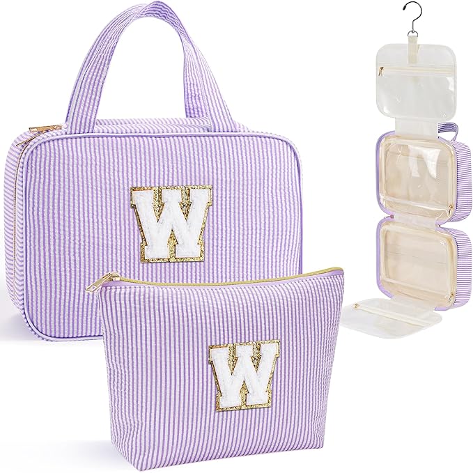 YOOLIFE Hanging Toiletry Bag for Women - Travel Toiletry Bag Makeup Bag, Portable Toiletries Cosmetic Bag, Airplane Travel Essentials - Letter W, Purple