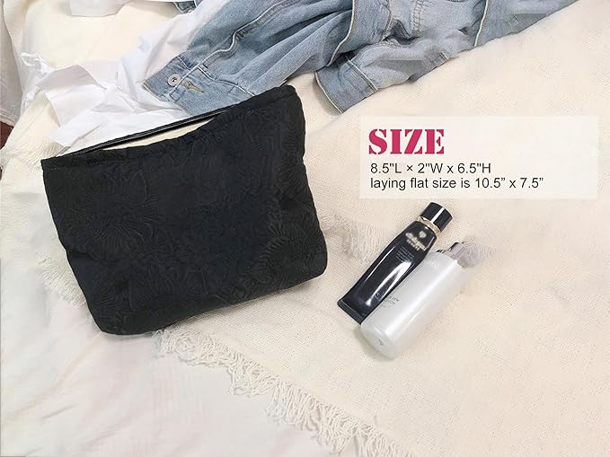 HAPPYHEIDI Large Floral Black Quilted Makeup Bag Cosmetic Toiletry Travel Pouch Purse Organizer, Canvas Lined, Embroiddered Flowers