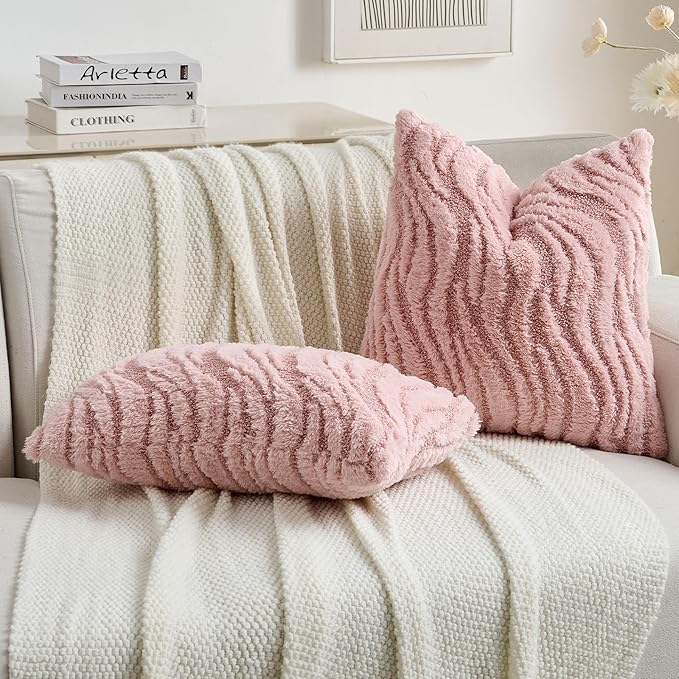 FUTEI Pink Decorative Throw Pillow Covers 26x26 Inch Set of 2,Soft Faux Fur Geometric Shapes Texture Euro Pillow Shams,Boho Home Decor for Couch Bed Living Room