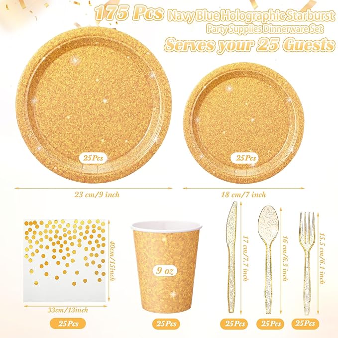 Hushee 175 Pcs Gold Holographic Print Party Supplies Guests Disposable Dinnerware Set Include Paper Plates, Napkins, Cups, Plastic Cutlery for Wedding Birthday Disco Bachelorette