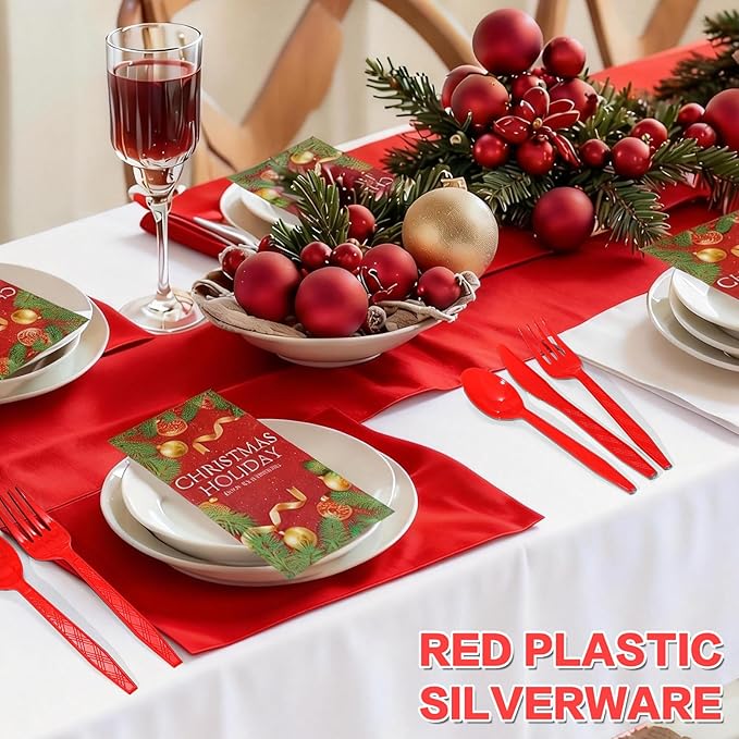 360-Pack Plastic Red Silverware Set, Disposable Cutlery Set, Plastic Forks and Spoons Knives Utensils Set (120 Each) for Christmas Party, Valentine‘s Day, Weddings, Festive Events