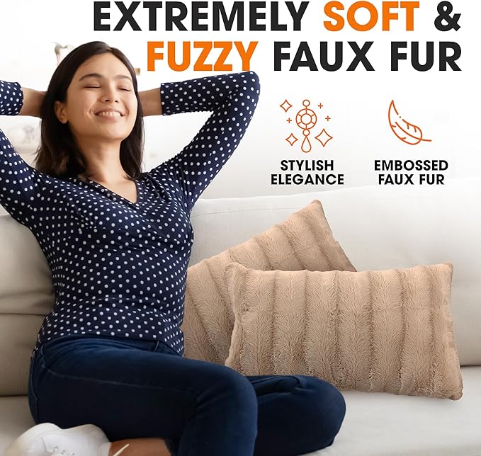 Cheer Collection Faux Fur Throw Pillows - Decorative Pillows for Couch, Bed Throw Pillows, Sand Accent Pillows for Bedroom or Living Room Aesthetic, Set of 2 Furry Throw Pillows, 12" x 20"