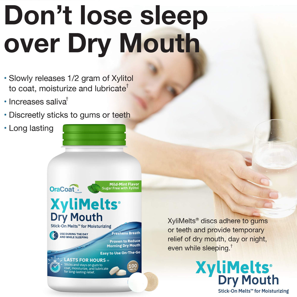 Oracoat XyliMelts for Dry Mouth Night Time or Day - Moisturizing Dry Mouth Adhering Discs, Sugar Free with Xylitol, 100 Count, Mild Mint Flavor, 8-Hour Relief