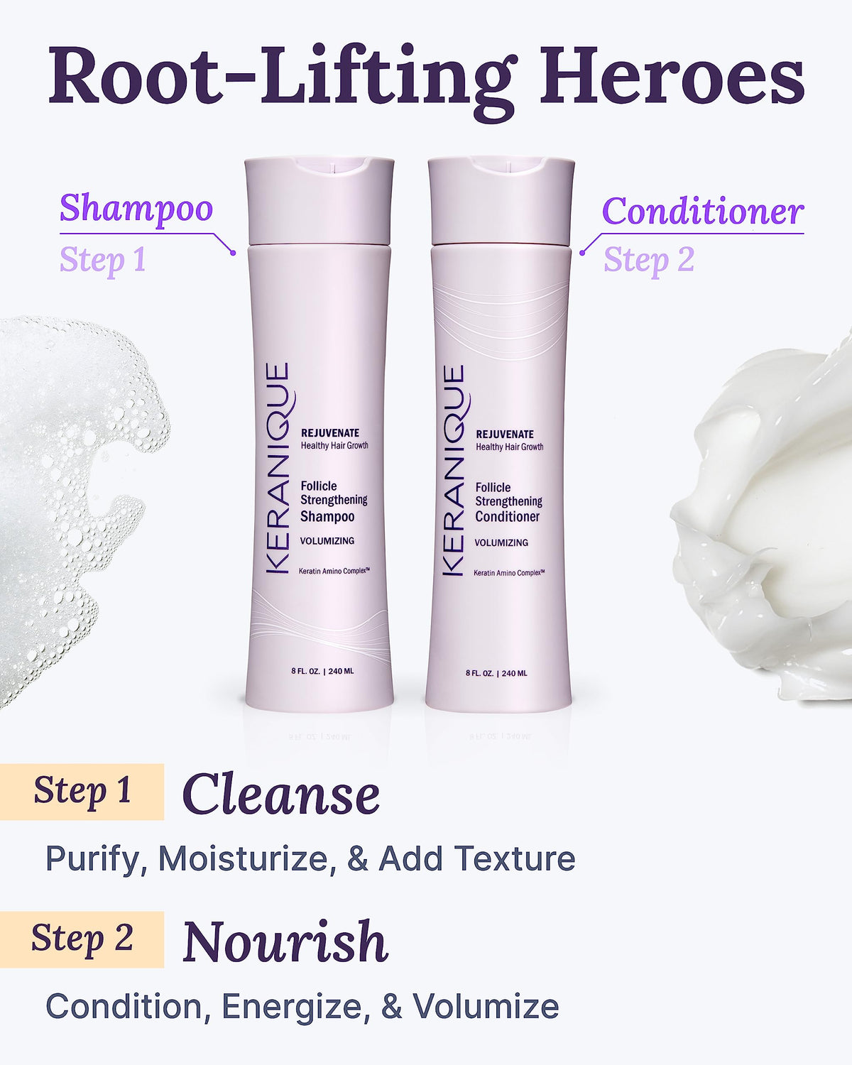 Keranique Volumizing Shampoo & Conditioner Set for Hair Repair, Growth & Thinning Hair Support – Keratin, Biotin, Menthol & Niacinamide, Lightweight Strengthening Formula - Keratin Amino Complex™