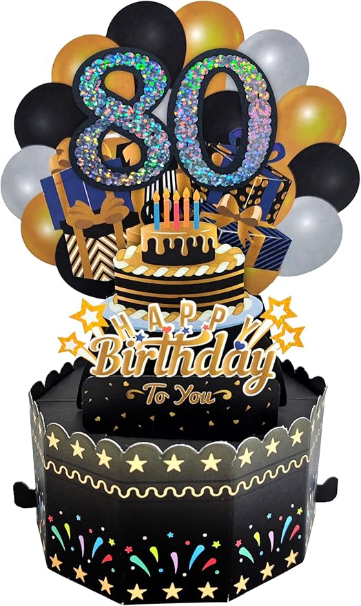 80th Birthday Cards 3D Popup Birthday Greeting Cards - Birthday Greeting Card for Men, Women, Mom,Dad and Grandparents with Blank Note and Envelope Included (Black Gold)