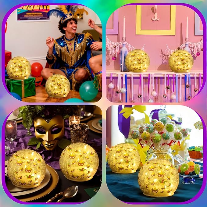 2 Pcs Mardi Gras Crackle Glass Globe Decor 4" Carnival Ball Lamp Night Lights with LED Timer Battery Operated Lighted Decorative for Bedroom Living Room Kitchen Garden Table Centerpiece Gift