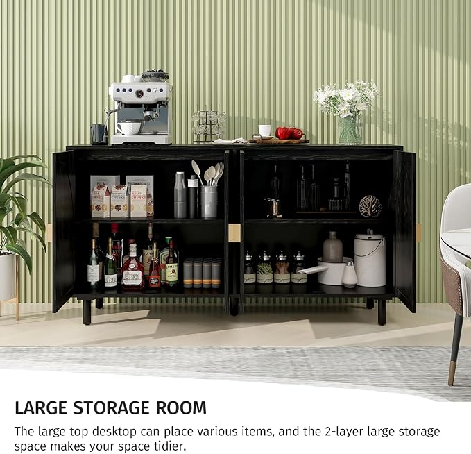 Black Sideboard Cabinet with 4 Rattan Doors, Rattan Buffet Cabinet with Adjustable Shelves & Pine Legs, Boho Sideboard Buffet for Living Room, Kitchen, Entryway, Black