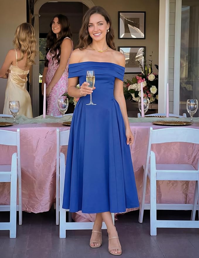 ZESICA Summer 2026 Cocktail Dresses for Women's Off Shoulder Short Sleeve Swing A Line Wedding Evening Party Midi Dress