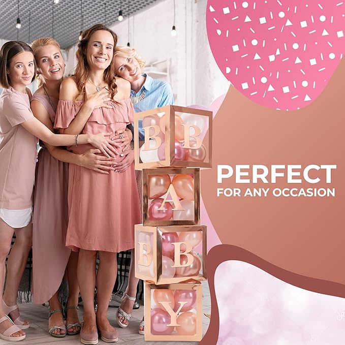 Baby Shower Decorations – Rose Gold Baby Shower Boxes with Letters, Baby Blocks with Rose Gold, Pink, and White Balloons – 44-Piece Party Set for Boys and Girls by Vellax®