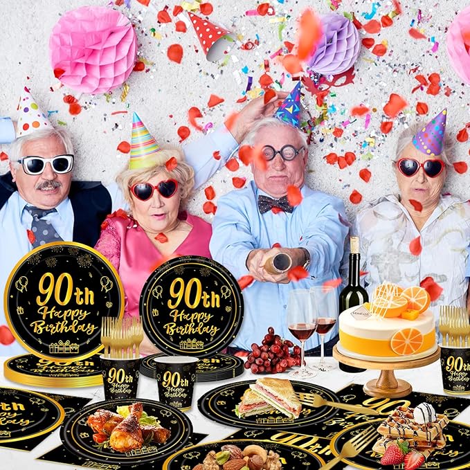 120Pcs 90th Birthday Party Supplies Plates Napkins Cups Forks Tableware Set Gold Black Happy 90th Birthday Themed Disposable Tableware Decoration Serves 24 Guests for Men Women 90 Years Old