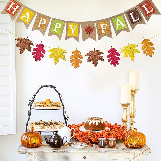 Happy Fall Burlap Banner Glitter Maple Leaf Paper Banner Pre-Assembled Rustic Bunting Garland Hanging Decorations for Autumn Harvest Thanksgiving Home Office School Party Supplie