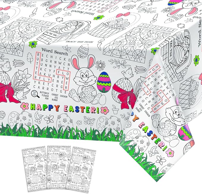3 Pack Large Happy Easter Coloring Tablecloth - Giant Easter Color-in Paper Poster, Rectangle Cute Bunny Activity Coloring Table Cloth for Spring Easters Party Craft Decorations Favors, 54 x 108 Inch