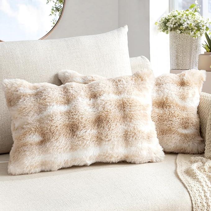 MIULEE Faux Fur Pillow Covers Thick Soft Plush Lumbar Throw Pillows Luxury Home Decor for Couch Bed Bedroom Living Room Sofa,12x20 Inch Pack of 2 White-Beige