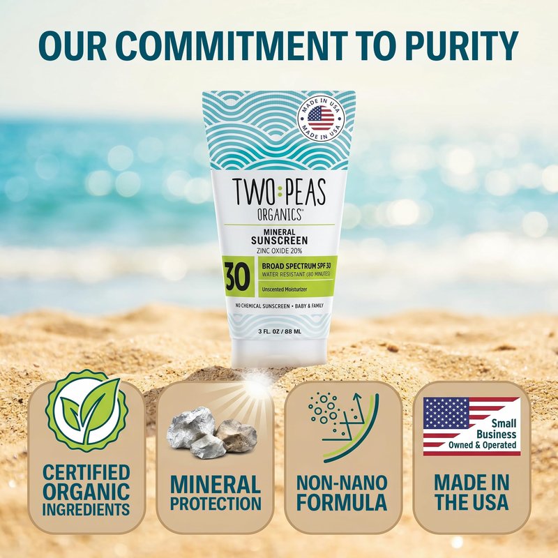 Two Peas Organics Mineral Sunscreen SPF 30 Lotion, Non-Nano Zinc, Reef Safe, Baby & Family Sensitive Skin, Water-Resistant 80 Min, Unscented, Organic & Cruelty Free, 3 oz Single pack