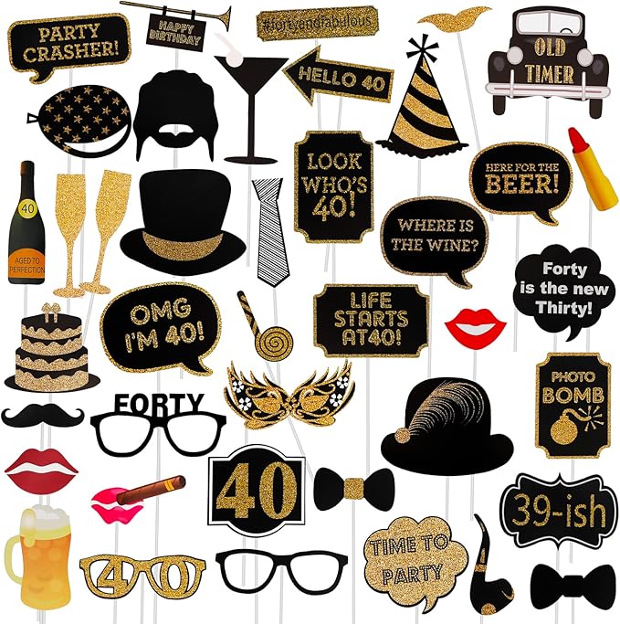 40th Birthday Photo Booth Props - 41 Pcs Black and Gold Decor, Funny Milestone Party Supplies for Men & Women, Retro 1986 Theme Selfie Station Accessories for Surprise Party, 40th Celebration Bash