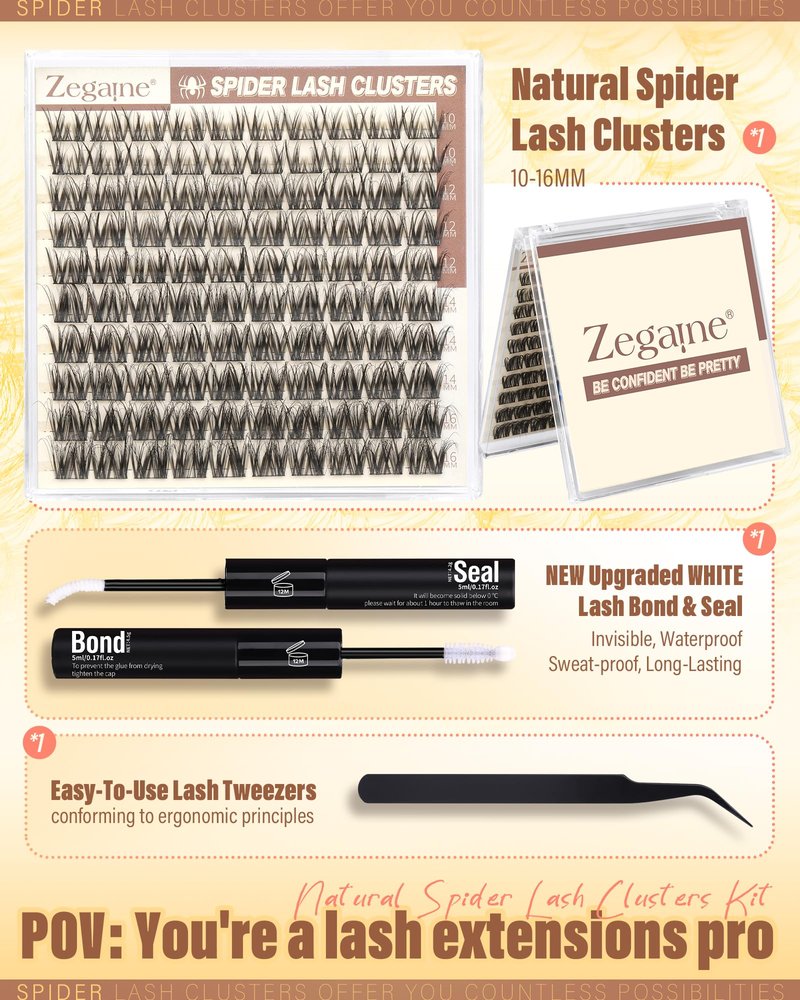 Spider Lashes Clusters Kit Natural Eyelash Clusters Kit Wispy Cluster Eyelash Extensions CD-Curly Breeze Cluster Lashes Kit Wispy Individual Lashes Kit With Lash Bond&Seal, Lash Tweezers by Zegaine