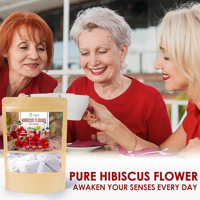 Premium Hibiscus Tea Bags - Dried Hibiscus Flower Tea Bags - 40 Teabags, 2.5g/bag), 100% Natural & Pure Hibiscus Flowers, Sugar/Caffeine/Gluten Free. Good For Your Health