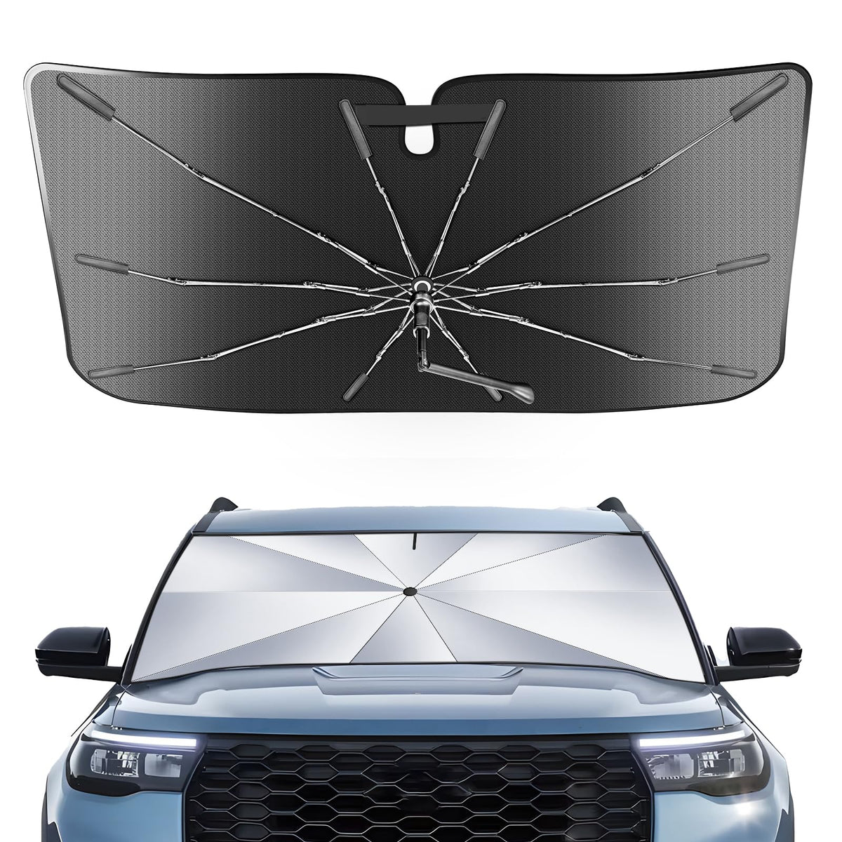 Portable Ford Explorer 2020-2024 2025 Windshield Sunshade Umbrella with Bag, 2 in1 Ice Crystal Durable Compact Shade Umbrella UP