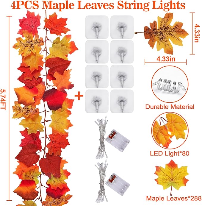 23.6Ft Thanksgiving Decorations Fall Decor for Home Lighted Fall Garland Maple Leaves Total 80 LED Fall Decorations for Home Halloween Decorations Outdoor String Lights for Autumn Decor Harvest
