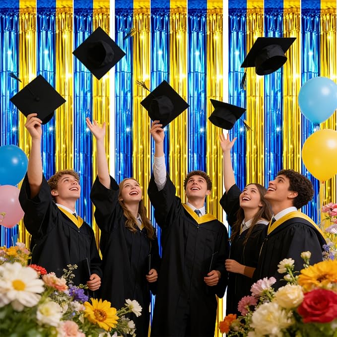 jijAcraft 3 Pack Blue Gold Tinsel Foil Fringe Curtain, Graduation Party Photo Backdrop, Metallic Blue Gold Foil Streamers for Graduation Prom School Decor Boy Birthday Office Party Decorations
