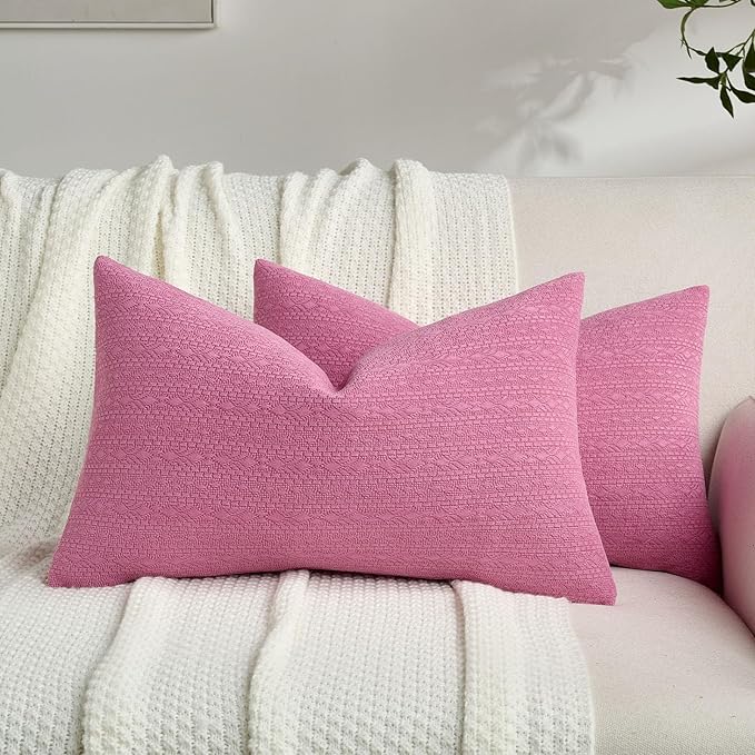 FUTEI Hot Pink Chenille Throw Pillow Covers 12x20 Inch Set of 2,Soft Striped & Diamond Textured Lumbar Pillow Cases,Modern Home Decor for Couch Living Room