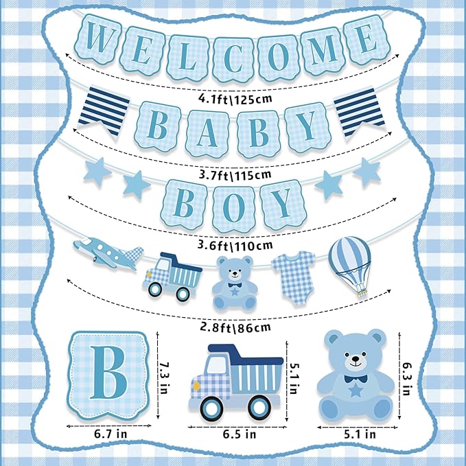 Baby Boy Baby Shower Banner, 4 PCS Pre-strung Blue Gingham Welcome Baby and Body Cloth Banner for Baby Boy Shower Party Decoration (welcome baby boy)
