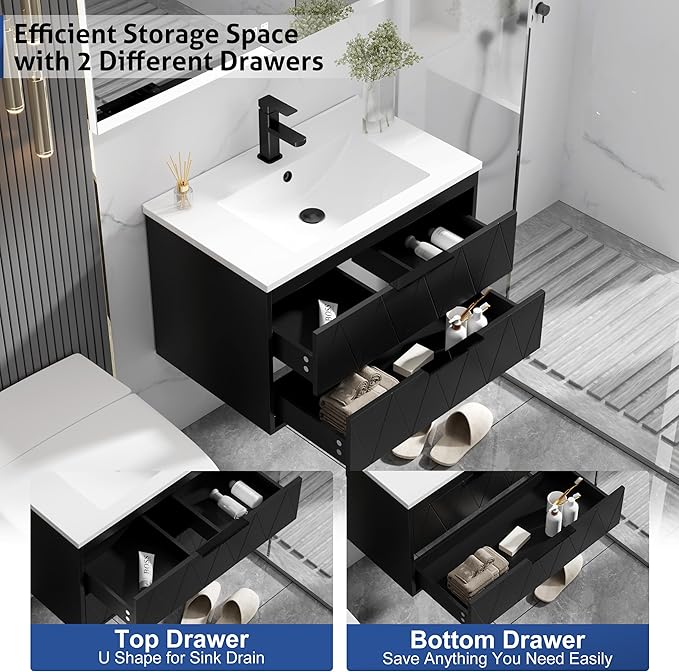 eclife 30" Bathroom Vanities Cabinet with Sink Combo, Wall Mounted Floating Cabinet W/Decor Line, Soft-Close System, 2 Extra Big Drawers, Matte Black Faucet, Black