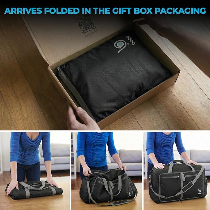 Bago Medium Duffle Bag for Travel Women & Men. Durable Lightweight Foldable Travel Duffel Bags For Traveling Women. 60L Duffle Bags For Overnight Bag With Shoe Compartment Collapsible Weekender duffel