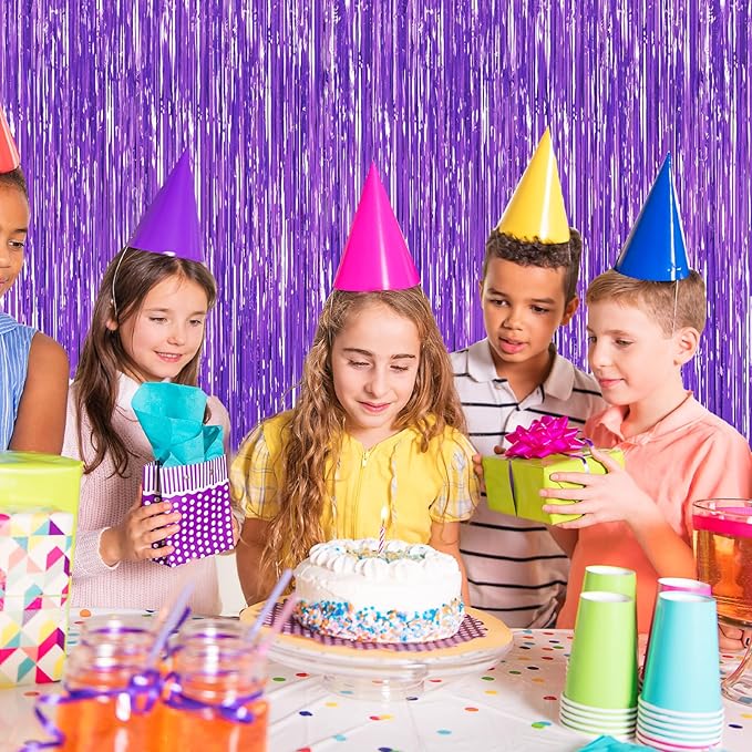 2Pack Purple Backdrop Metallic Tinsel Streamers Foil Fringe Backdrop Halloween Party Decorations Curtain Photo Booth Props Wedding Birthday Graduation Bachelorette Xmas New Year Party Decors