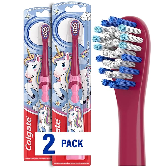 Colgate Kids Battery Powered Toothbrush, Unicorn, Extra Soft Toothbrush, Ages 3 and Up, 2 Pack