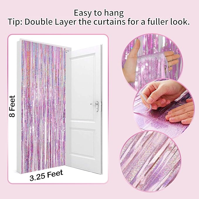 3Pack Pink Foil Fringe Curtain Backdrop - 3.3ft x 8.3ft Metallic Tinsel Photo Booth Decor for Bachelorette Party Decorations
