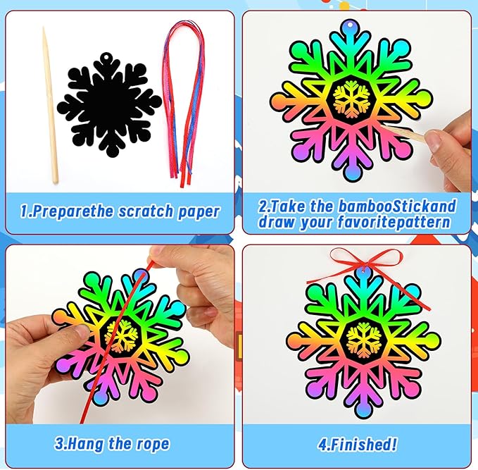 JULMELON 36Pcs Snowflake Scratch Art, Magic Rainbow Scratch Paper Art Winter Holiday Christmas Crafts for School Classroom Activity Christmas Winter Holiday Party Favors Gifts