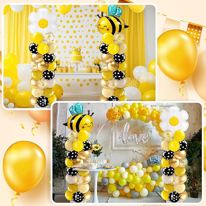 Kasyat 2 Sets Bee Theme Party Balloon Column Stand Kit with Bee Daisy Foil and 100 Latex Balloons, Adjustable Honeybee Balloon Stand Kit for Baby Shower Birthday Party Supplies