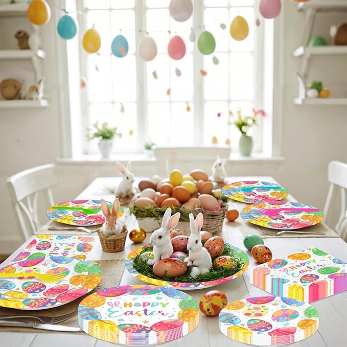 96 Pcs Happy Easter Plates and Napkins Forks Sets - Colorful Eggs Themed Round Tableware, Disposable Spring Flowers Paper Plates Napkins Set for Easter Party Supplies Favors Table Decor, Serves 24