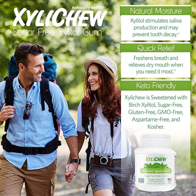 Xylichew 100% Xylitol Chewing Gum - Non GMO, Non Aspartame, Gluten Free, and Sugar Free Gum - Natural Oral Care, Relieves Bad Breath and Dry Mouth - Spearmint, 60 Count