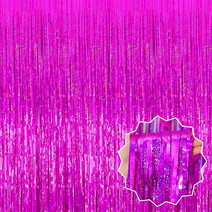 6 Pack Fuchsia Foil Fringe Curtains Backdrop, 3.28 x 8.2 Ft Metallic Streamers Tinsel Curtains Background for Photo Booth, Birthday, Christmas, Halloween, Thanksgiving, New Year Party Decorations