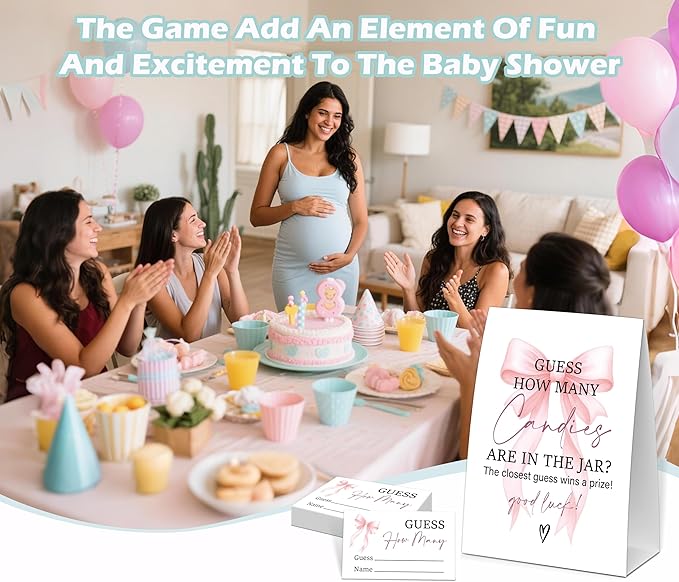 Pink Bow Guess How Many Candies Are In The Jar Game, Baby Shower Game, Include One 5×7 Sign and 50 Guessing Cards, Pink Coquette Bow Gender Reveal Party Decoration Supplies - FE17