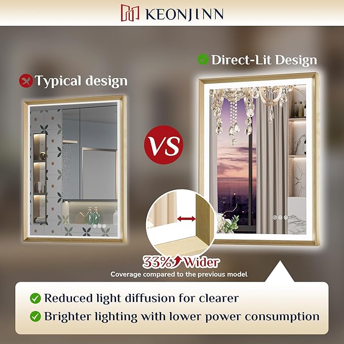 Keonjinn 40” x 32” LED Mirror for Bathroom with Frontlit & Backlit, Brushed Gold Framed Mirror with Lights, Anti-Fog, Stepless Dimmable 3 Color Lights, Tempered Glass(Horizontal/Vertical)