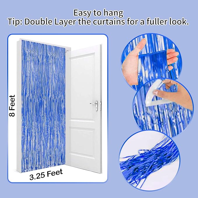 3Pack Blue Foil Fringe Curtain Backdrop - 3.3ft x 8.3ft Metallic Tinsel Photo Booth Decor for Bluey Birthday Decorations