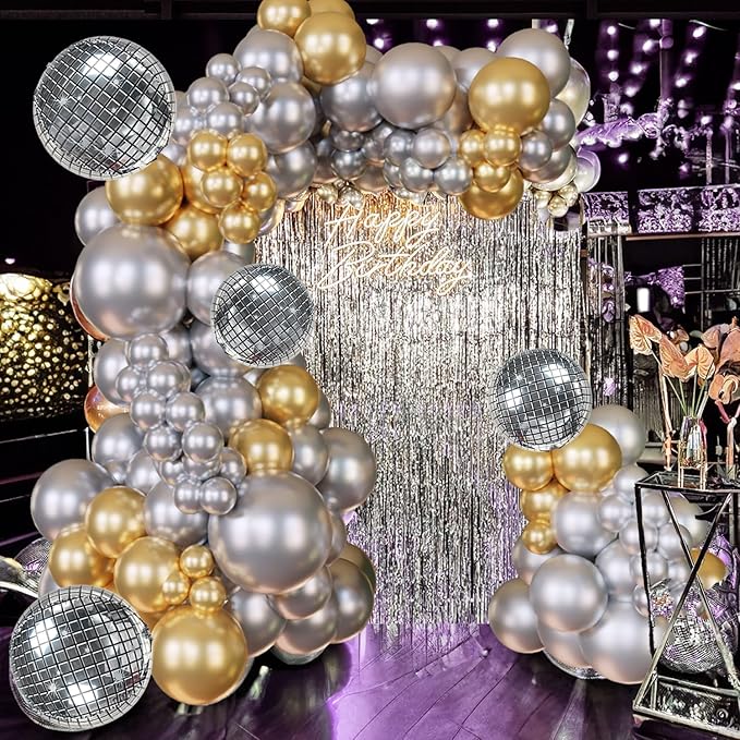 124Pcs Silver and Gold Garland Balloons Metallic Balloon Arch Kit Chrome Silver balloon Disco Ball decorations for Disco Party 60th Birthday Graduation NYE 2026 New Year Party