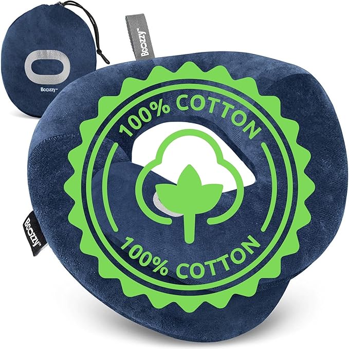 BCOZZY Organic Cotton Double Support Neck Pillow for Travel - 3 Ergonomic Positions for Head, Neck, and Chin Comfort - Ideal for Sleeping Upright on Flights, Cars, and at Home – Large, Navy